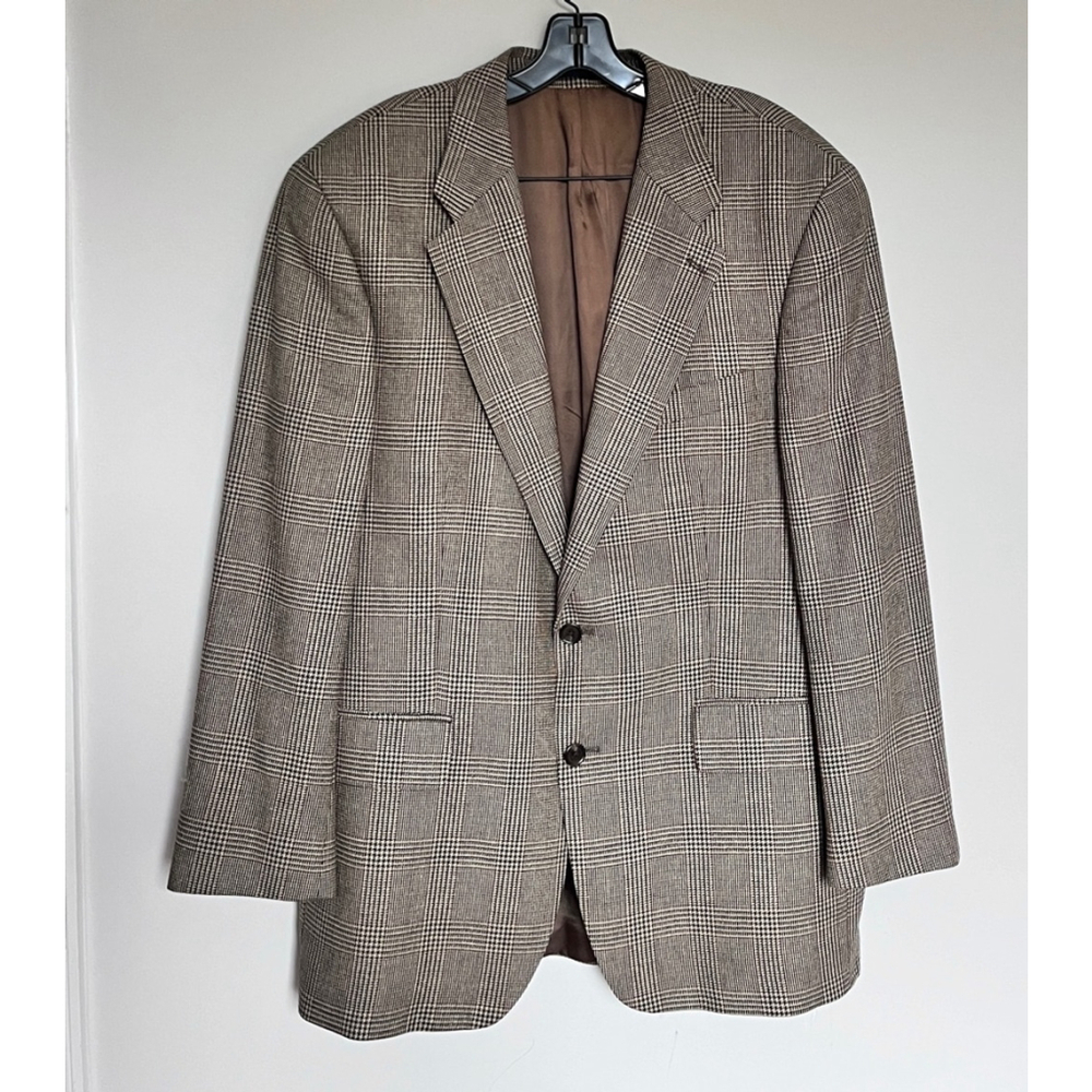 Chaps by Ralph Lauren Mens Blazer, Light Tan Blue Plaid Wool Silk Size 43R